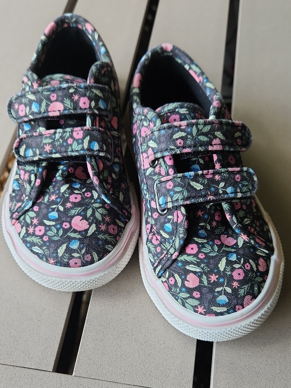 wonder nation Black Floral Velcro Sneakers with Pink & Blue Accents